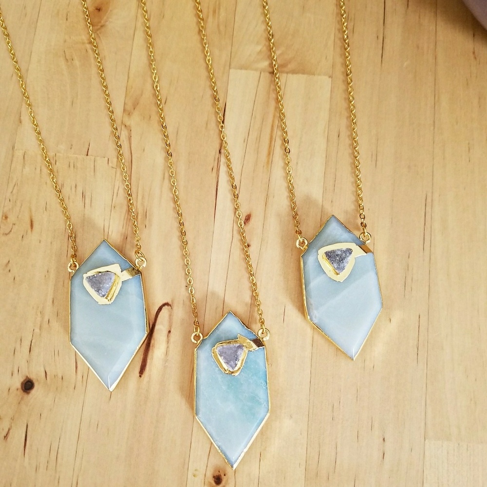 Amazonite Shard and Druzy 14K Gold Necklace - Picture 4 of 7